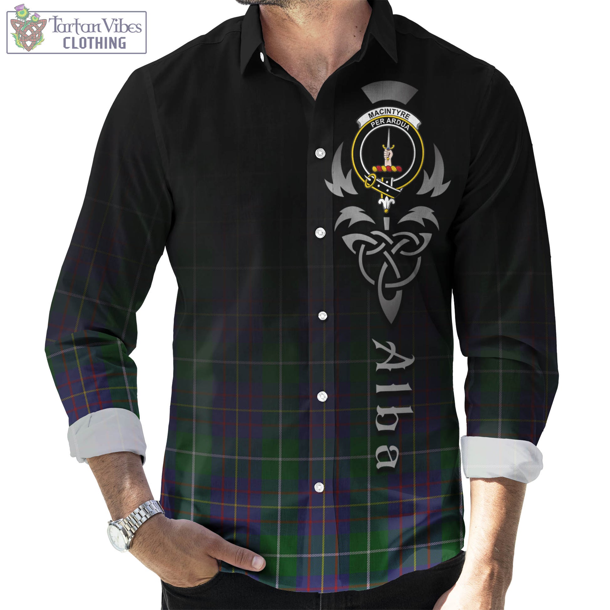 Tartan Vibes Clothing MacIntyre Inglis Tartan Long Sleeve Button Up Featuring Alba Gu Brath Family Crest Celtic Inspired