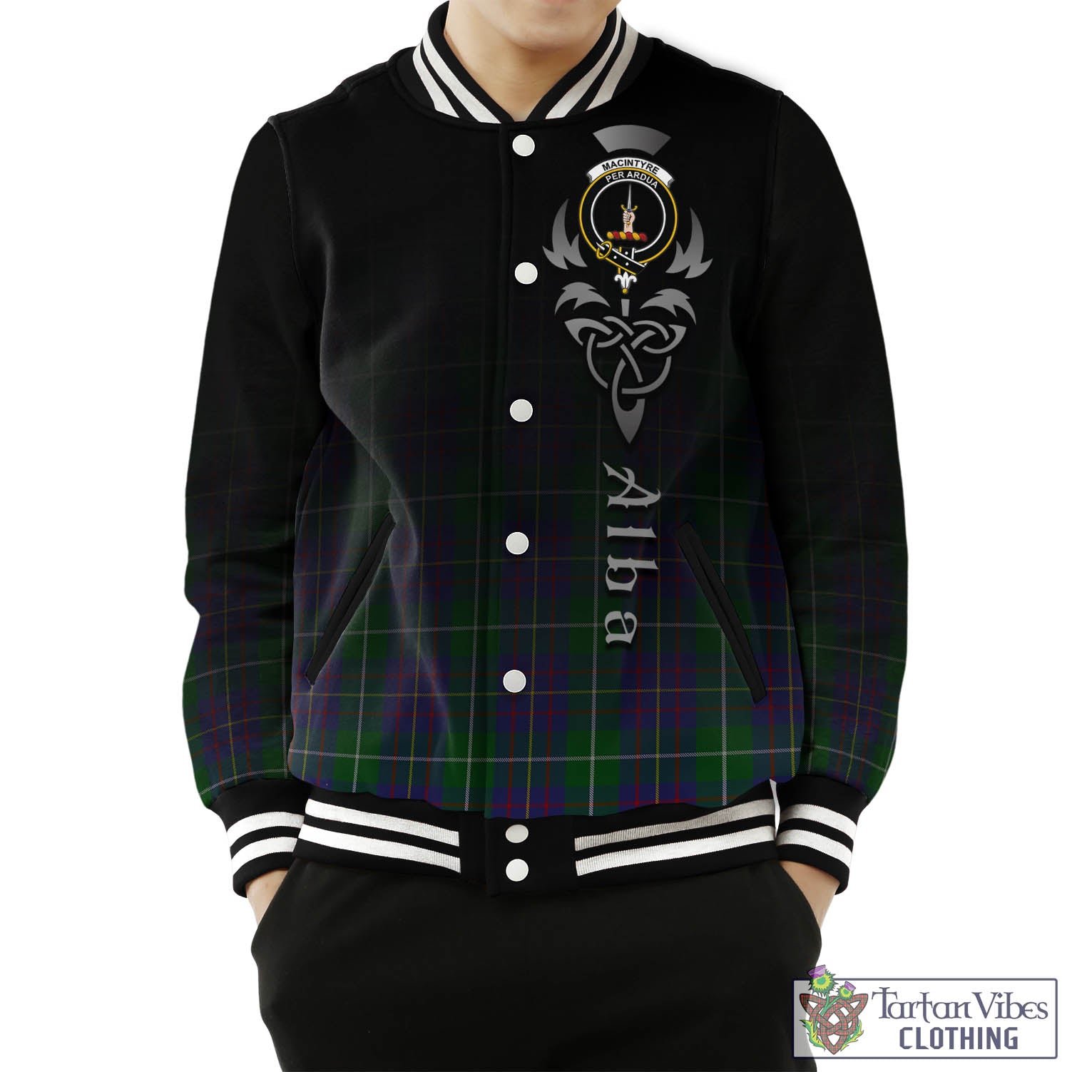 Tartan Vibes Clothing MacIntyre Inglis Tartan Baseball Jacket Featuring Alba Gu Brath Family Crest Celtic Inspired