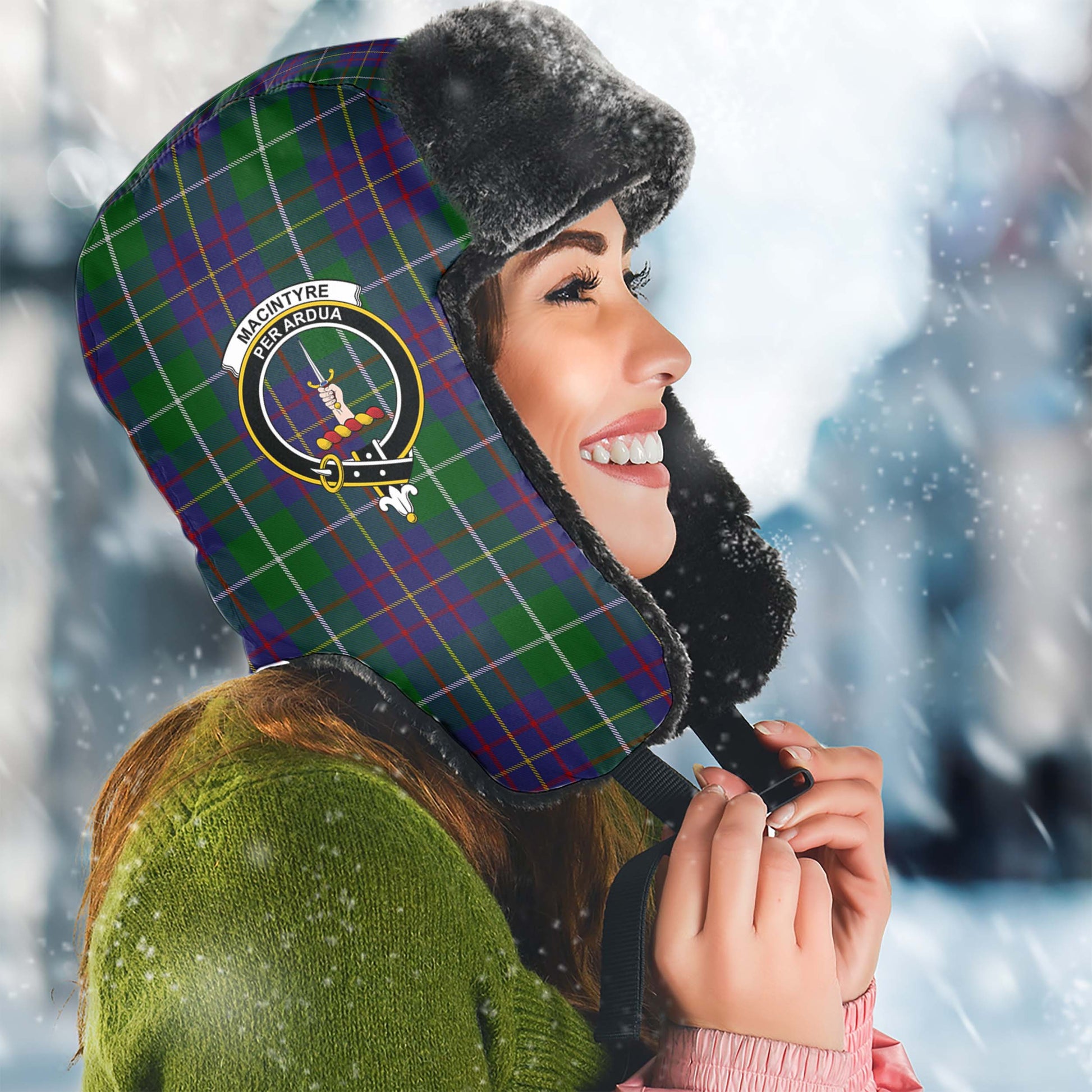 MacIntyre Inglis Tartan Winter Trapper Hat with Family Crest Winter Trapper Hat Universal Fit Circumference 22.8in (58cm) - Tartanvibesclothing