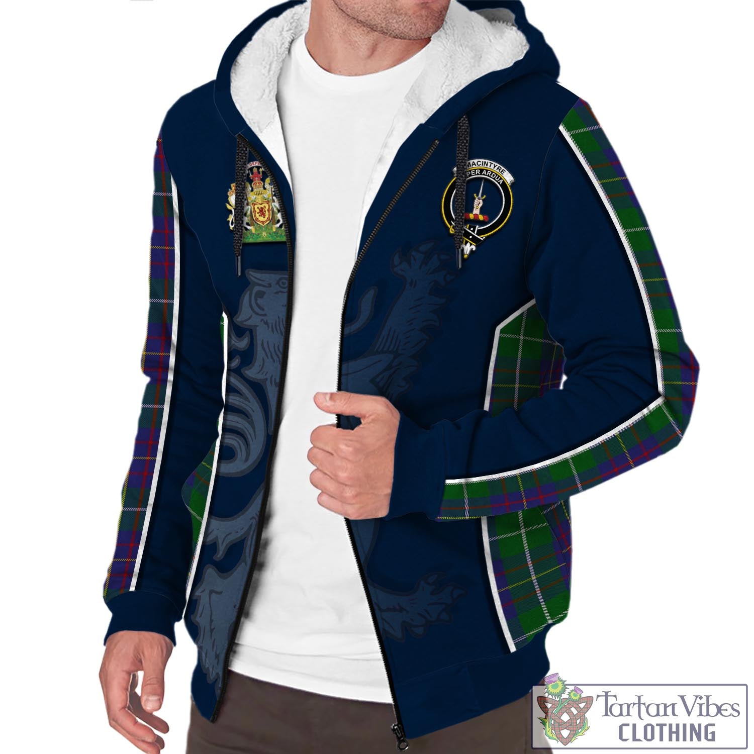 Tartan Vibes Clothing MacIntyre Inglis Tartan Sherpa Hoodie with Family Crest and Lion Rampant Vibes Sport Style