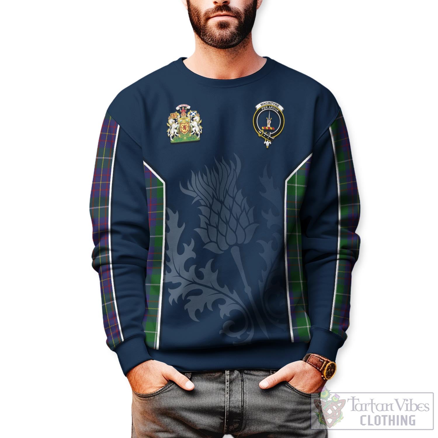 Tartan Vibes Clothing MacIntyre Inglis Tartan Sweatshirt with Family Crest and Scottish Thistle Vibes Sport Style