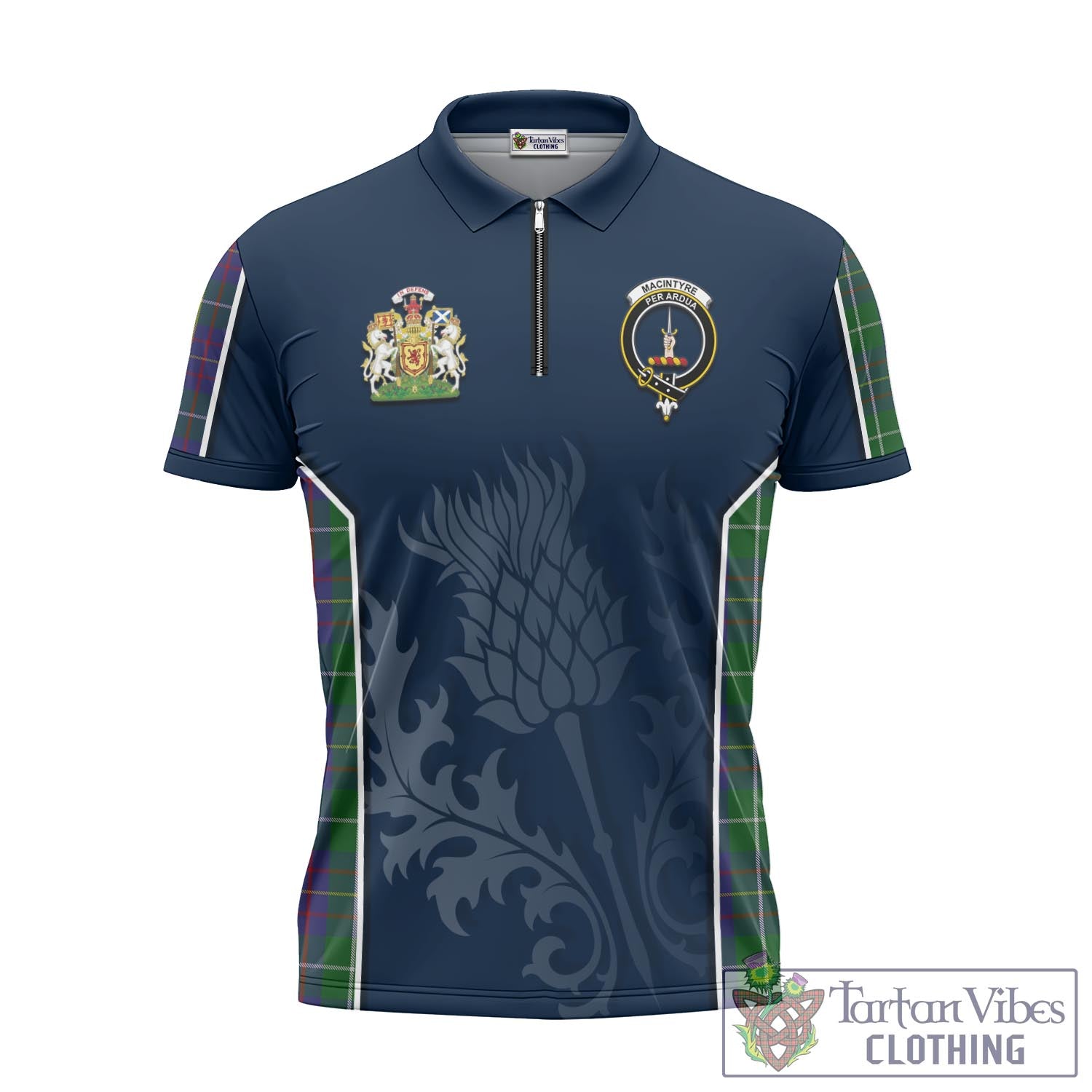 Tartan Vibes Clothing MacIntyre Inglis Tartan Zipper Polo Shirt with Family Crest and Scottish Thistle Vibes Sport Style