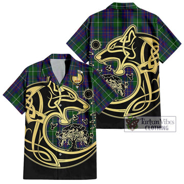 MacIntyre Inglis Tartan Short Sleeve Button Shirt with Family Crest Celtic Wolf Style