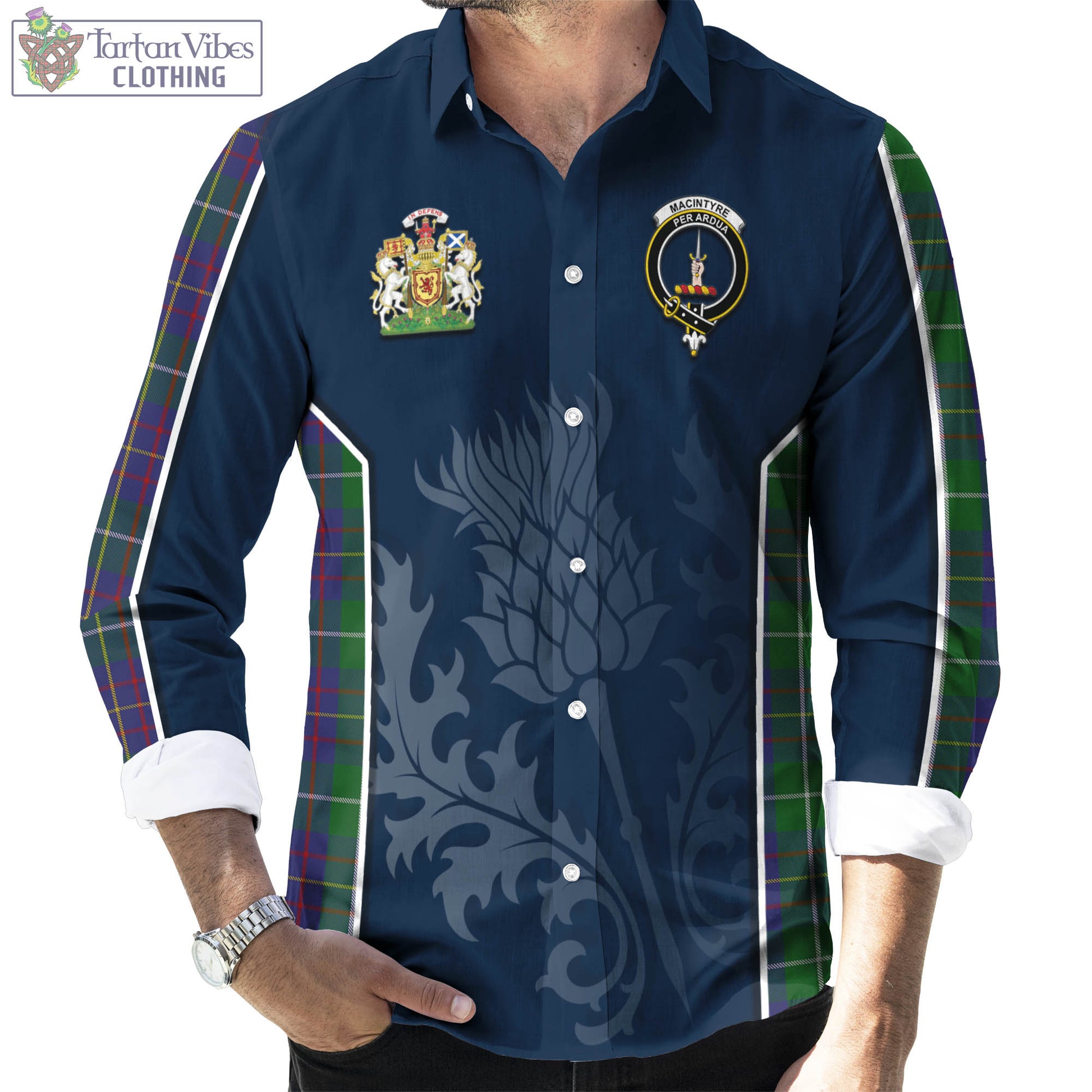 Tartan Vibes Clothing MacIntyre Inglis Tartan Long Sleeve Button Up Shirt with Family Crest and Scottish Thistle Vibes Sport Style