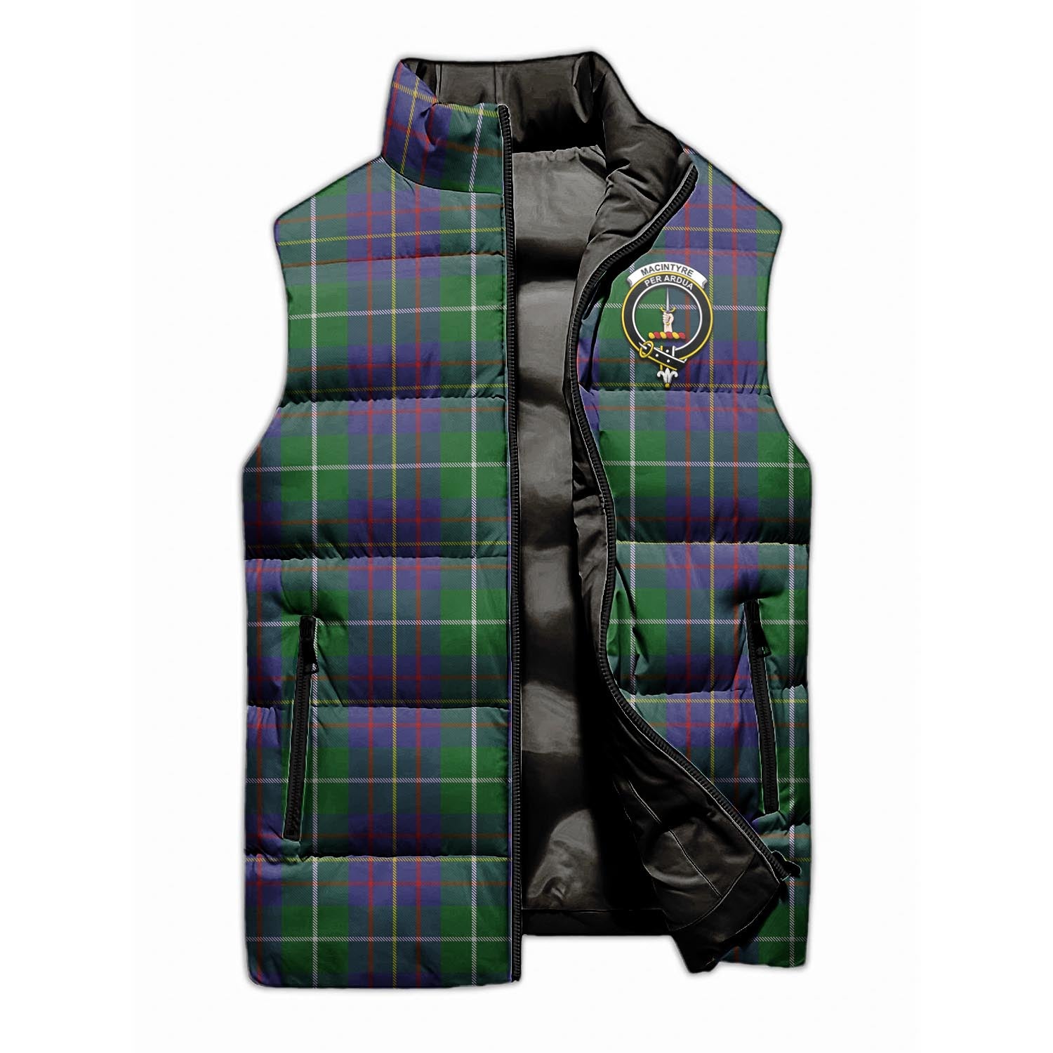 MacIntyre Inglis Tartan Sleeveless Puffer Jacket with Family Crest - Tartanvibesclothing