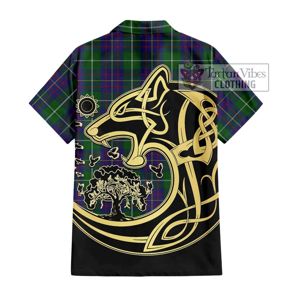 MacIntyre Inglis Tartan Short Sleeve Button Shirt with Family Crest Celtic Wolf Style - Tartan Vibes Clothing