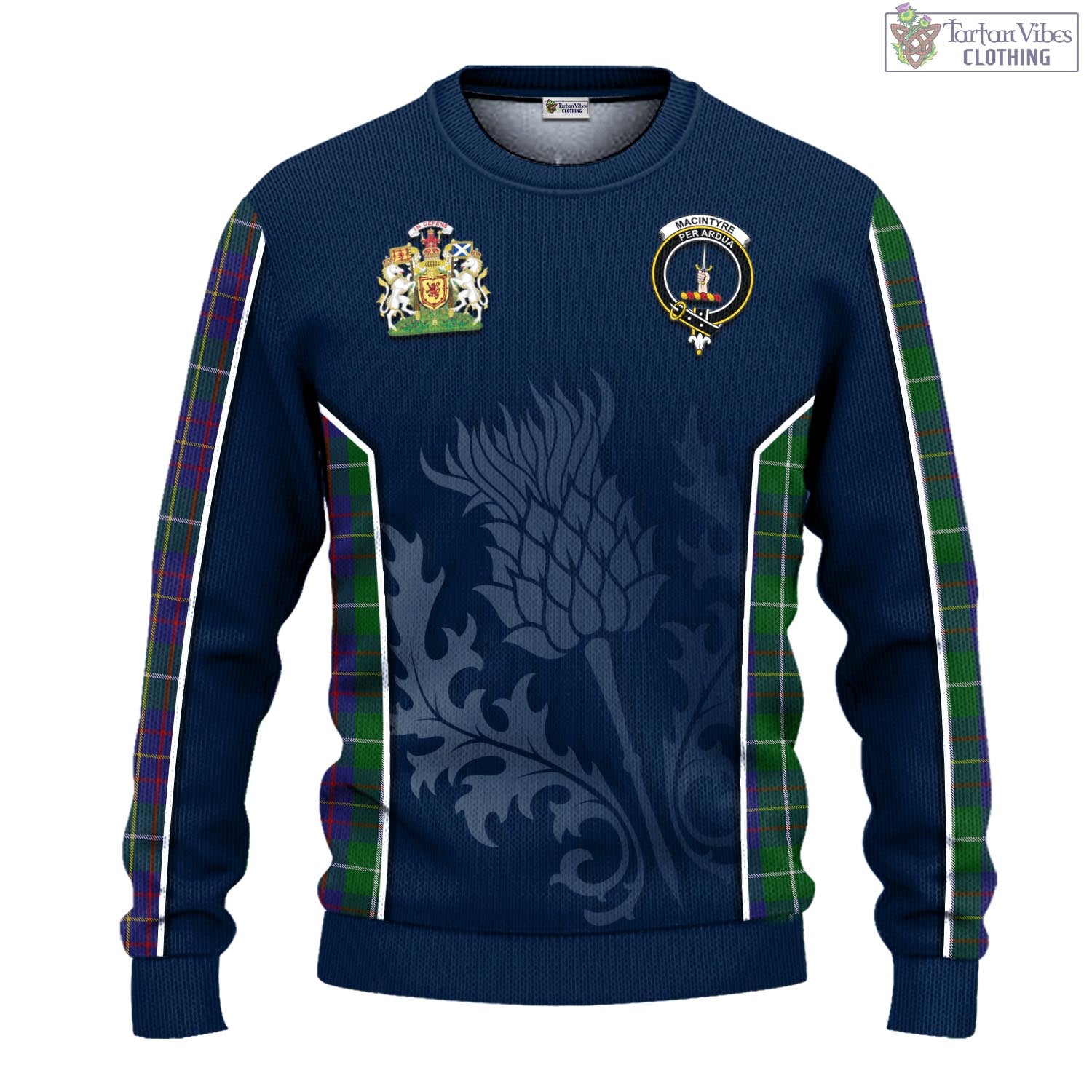 Tartan Vibes Clothing MacIntyre Inglis Tartan Knitted Sweatshirt with Family Crest and Scottish Thistle Vibes Sport Style