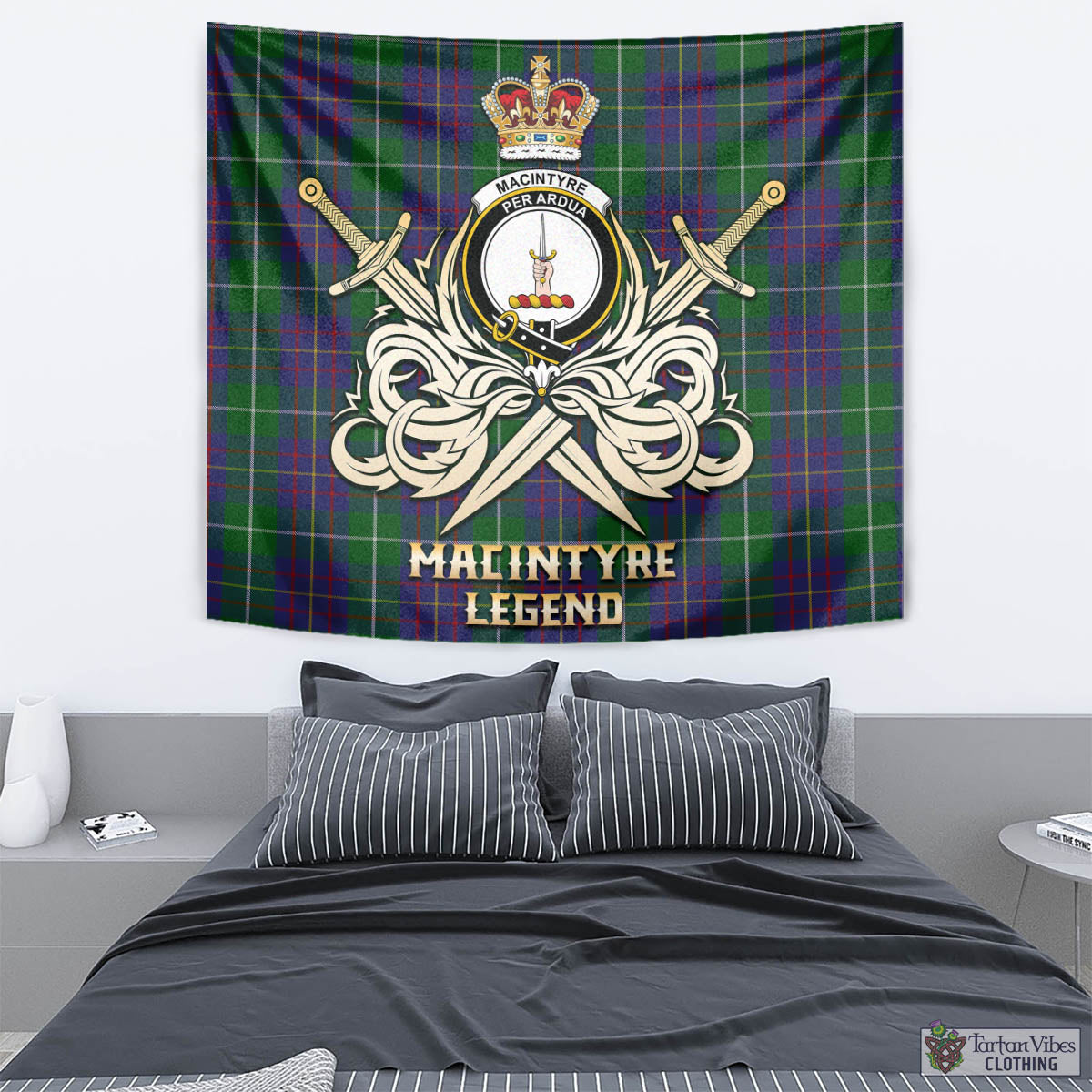 Tartan Vibes Clothing MacIntyre Inglis Tartan Tapestry with Clan Crest and the Golden Sword of Courageous Legacy