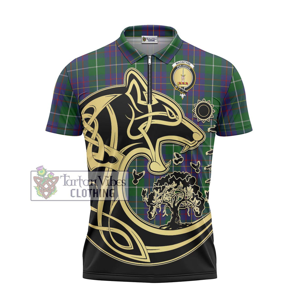 MacIntyre Inglis Tartan Zipper Polo Shirt with Family Crest Celtic Wolf Style - Tartanvibesclothing Shop