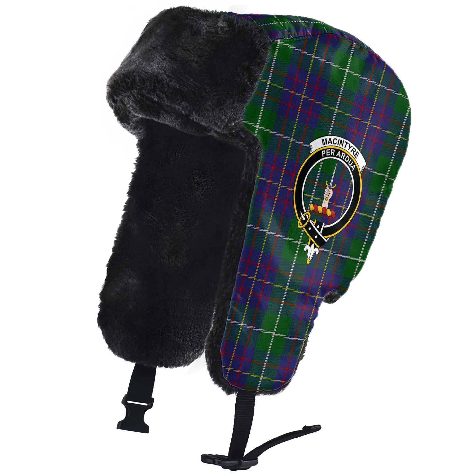 MacIntyre Inglis Tartan Winter Trapper Hat with Family Crest - Tartanvibesclothing