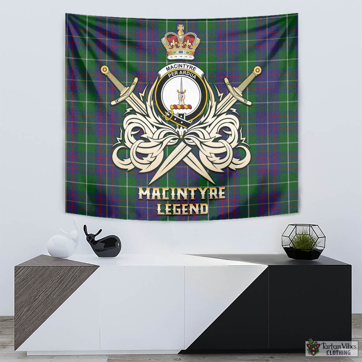 Tartan Vibes Clothing MacIntyre Inglis Tartan Tapestry with Clan Crest and the Golden Sword of Courageous Legacy