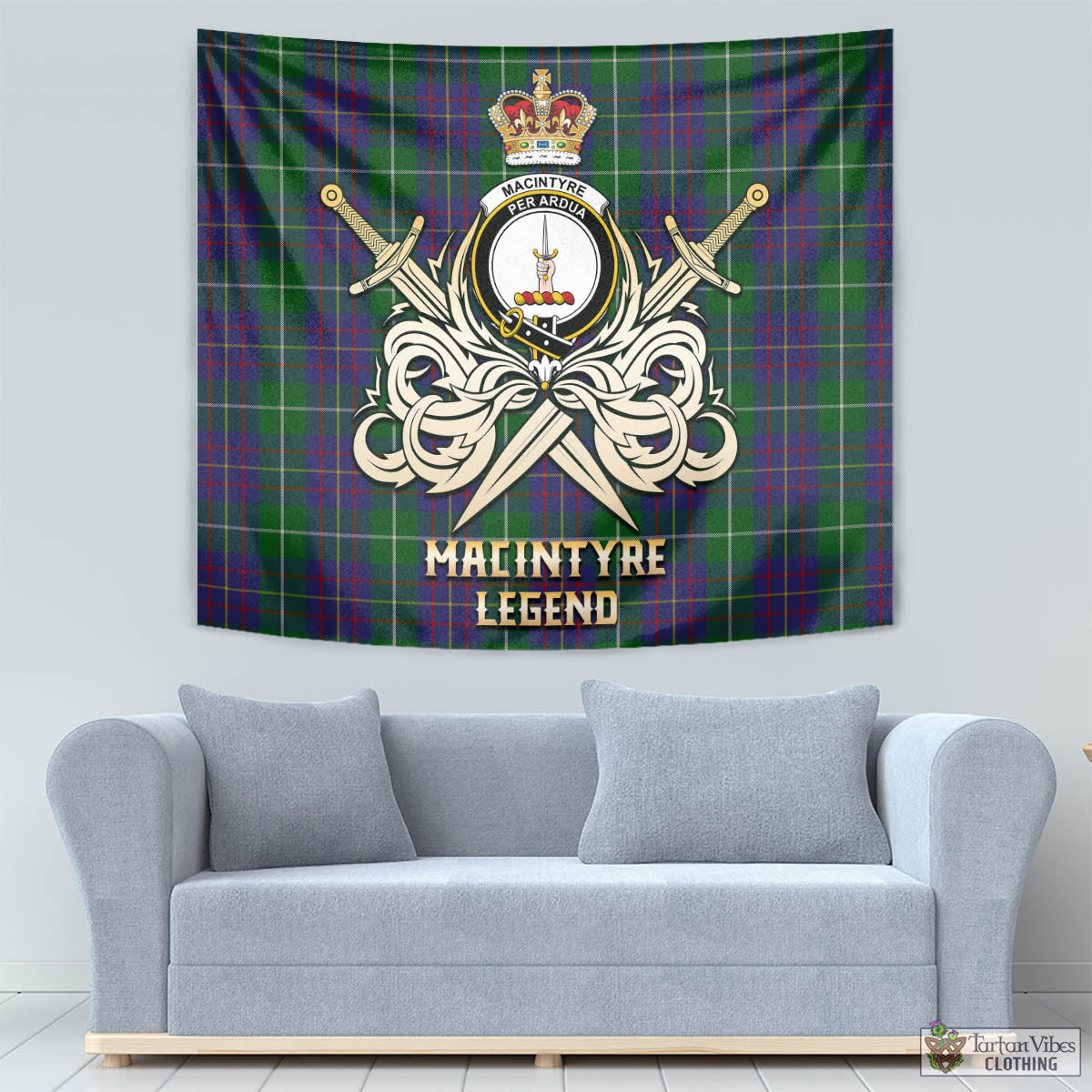 Tartan Vibes Clothing MacIntyre Inglis Tartan Tapestry with Clan Crest and the Golden Sword of Courageous Legacy