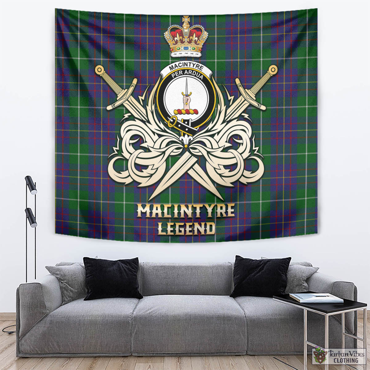 Tartan Vibes Clothing MacIntyre Inglis Tartan Tapestry with Clan Crest and the Golden Sword of Courageous Legacy