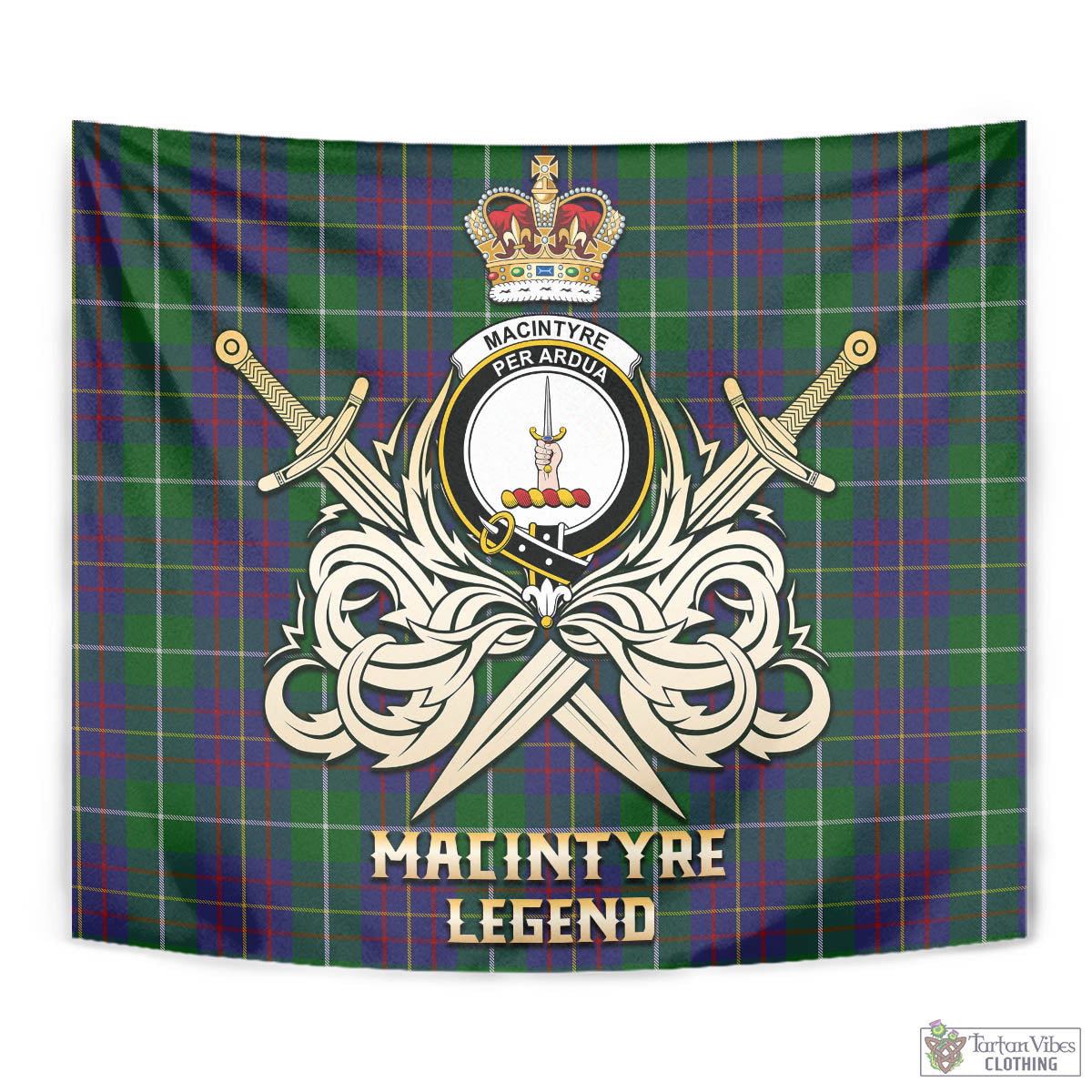 Tartan Vibes Clothing MacIntyre Inglis Tartan Tapestry with Clan Crest and the Golden Sword of Courageous Legacy