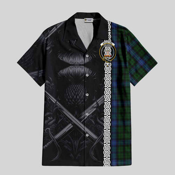 MacIntyre (McIntyre) Tartan Short Sleeve Button Shirt with Family Crest Cross Sword Thistle Celtic Vibes