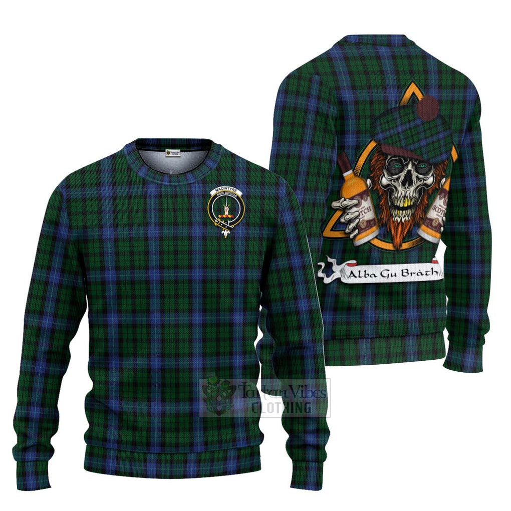 Tartan Vibes Clothing MacIntyre (McIntyre) Tartan Knitted Sweater with Family Crest and Bearded Skull Holding Bottles of Whiskey