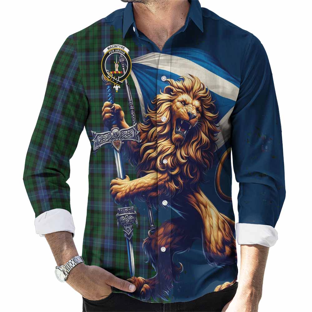 Tartan Vibes Clothing MacIntyre (McIntyre) Tartan Family Crest Long Sleeve Button Shirt with Scottish Majestic Lion