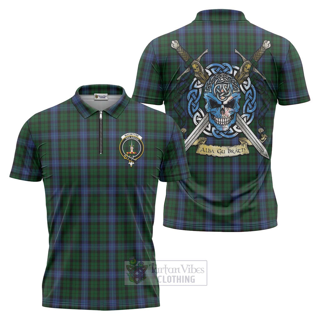 Tartan Vibes Clothing MacIntyre (McIntyre) Tartan Zipper Polo Shirt with Family Crest Celtic Skull Style