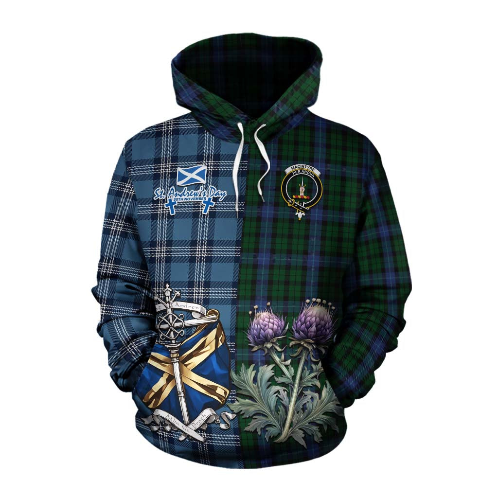 Tartan Vibes Clothing MacIntyre (McIntyre) Tartan Cotton Hoodie Happy St. Andrew's Day Half Tartan Style