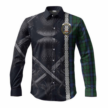 MacIntyre (McIntyre) Tartan Long Sleeve Button Shirt with Family Crest Cross Sword Thistle Celtic Vibes