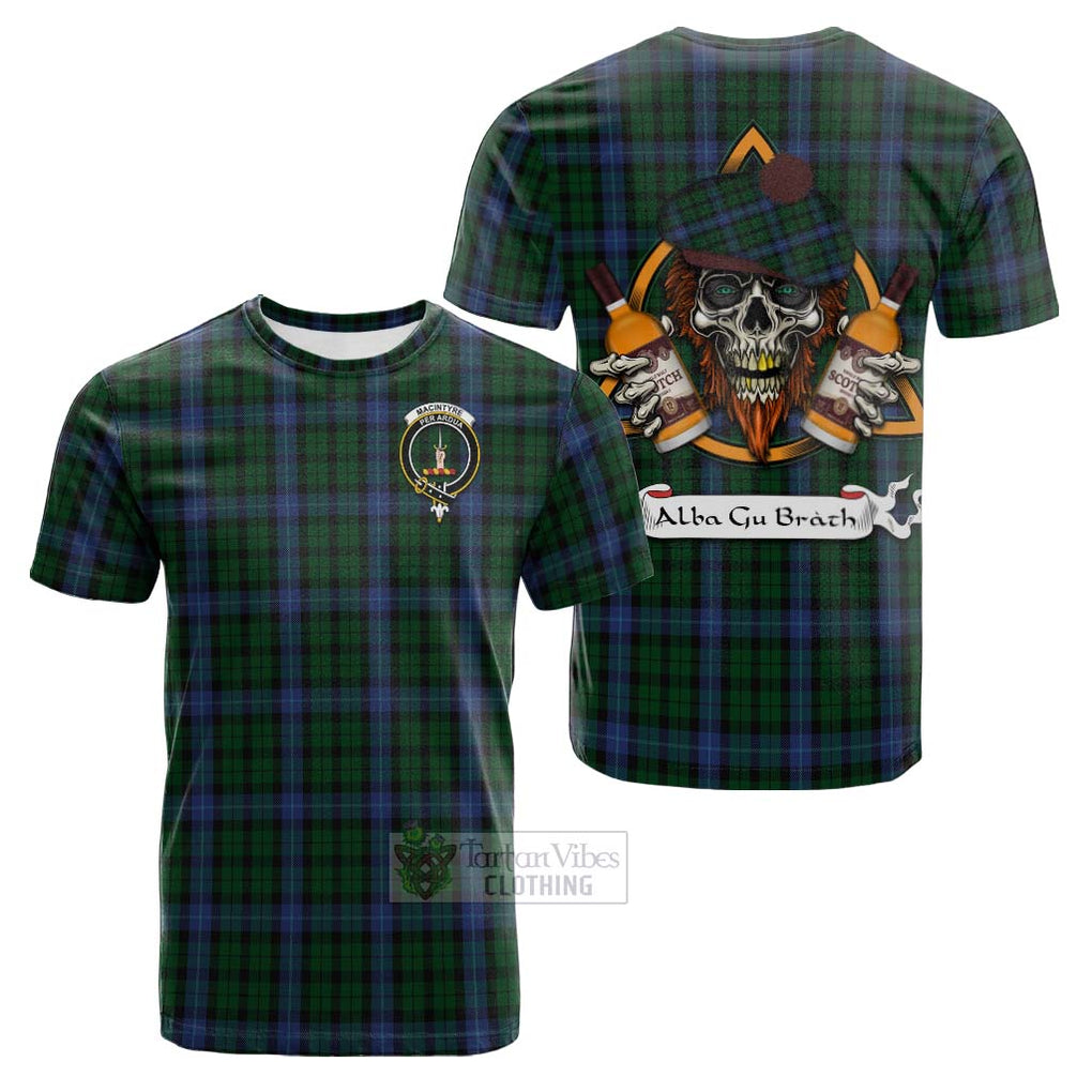 Tartan Vibes Clothing MacIntyre (McIntyre) Tartan Cotton T-shirt with Family Crest and Bearded Skull Holding Bottles of Whiskey