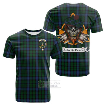 MacIntyre (McIntyre) Tartan Cotton T-shirt with Family Crest and Bearded Skull Holding Bottles of Whiskey