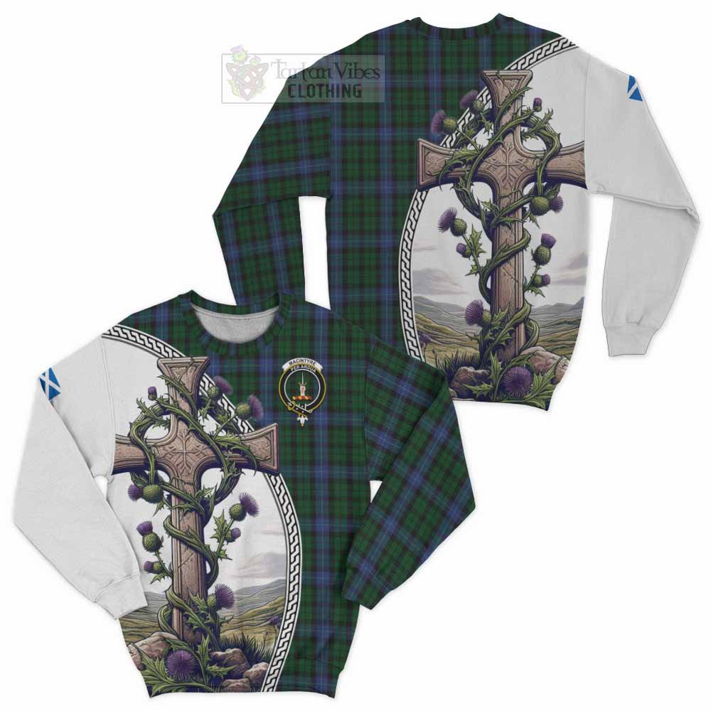 Tartan Vibes Clothing MacIntyre (McIntyre) Tartan Sweatshirt with Family Crest and St. Andrew's Cross Accented by Thistle Vines