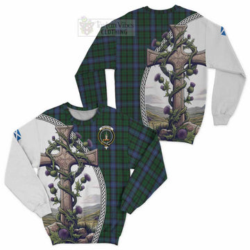 MacIntyre (McIntyre) Tartan Sweatshirt with Family Crest and St. Andrew's Cross Accented by Thistle Vines