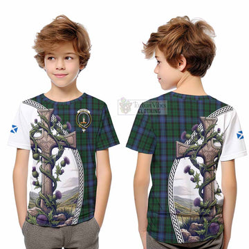 MacIntyre (McIntyre) Tartan Kid T-Shirt with Family Crest and St. Andrew's Cross Accented by Thistle Vines Youth XL Size14 - Tartan Vibes Clothing