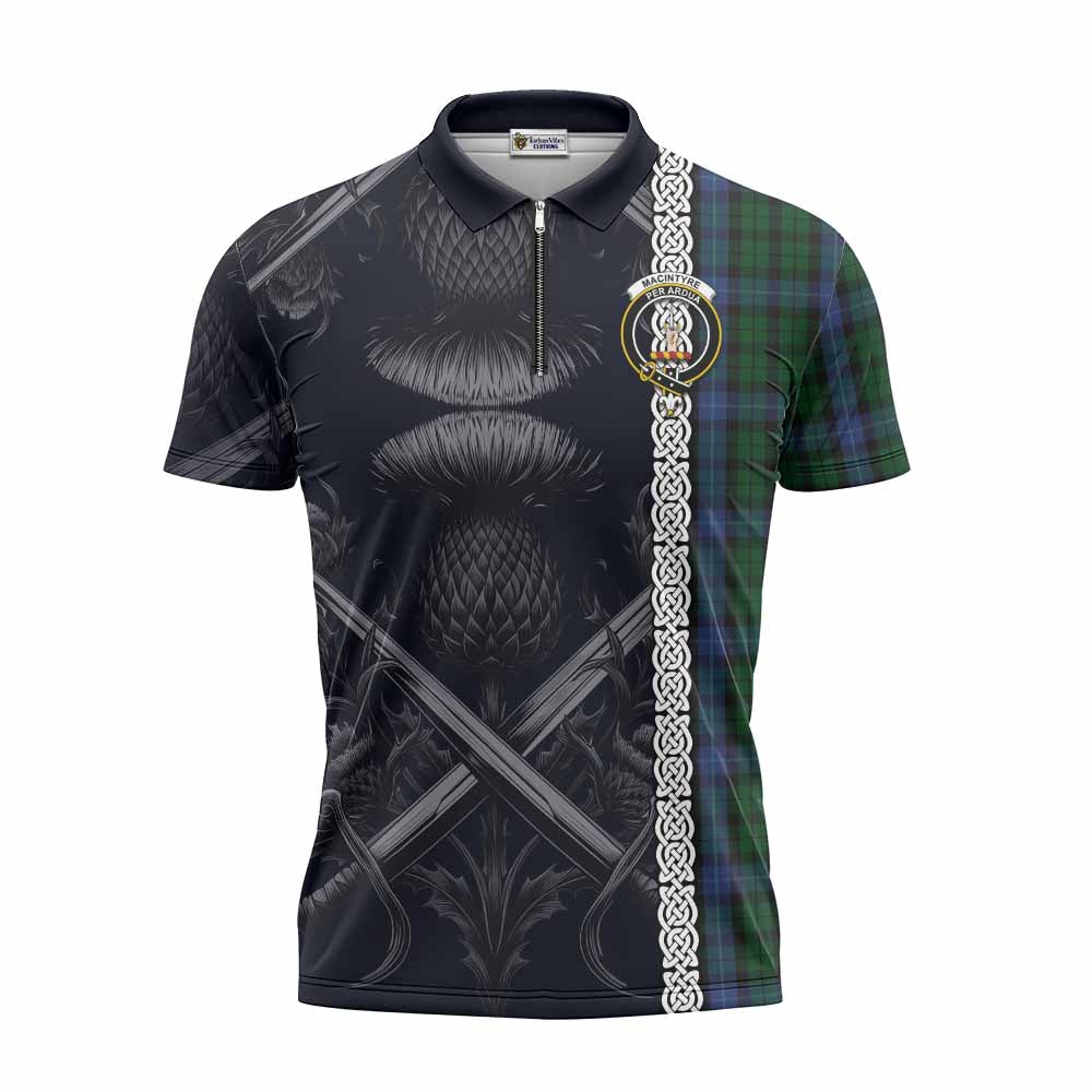 MacIntyre (McIntyre) Tartan Zipper Polo Shirt with Family Crest Cross Sword Thistle Celtic Vibes Unisex - Tartan Vibes Clothing
