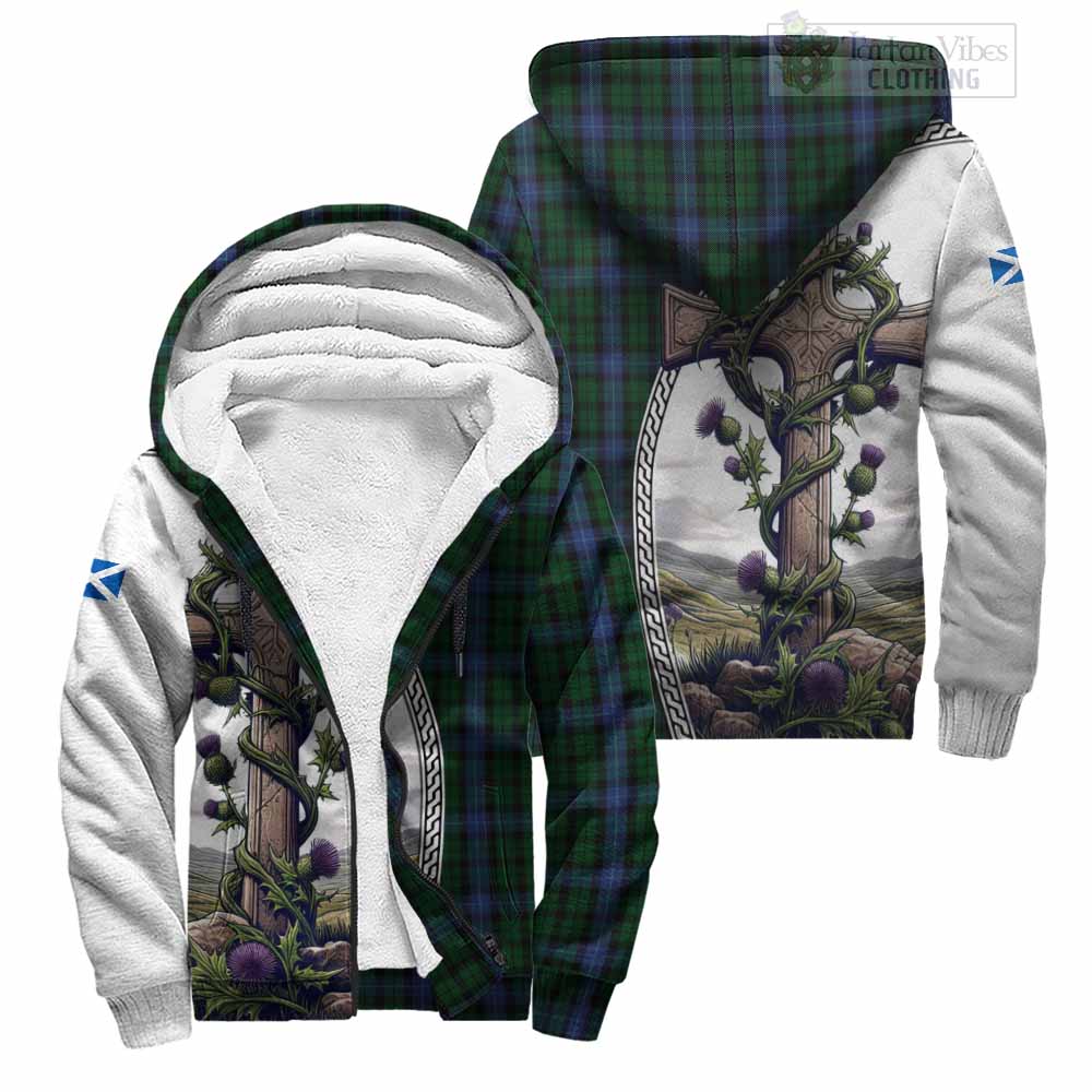 Tartan Vibes Clothing MacIntyre (McIntyre) Tartan Sherpa Hoodie with Family Crest and St. Andrew's Cross Accented by Thistle Vines