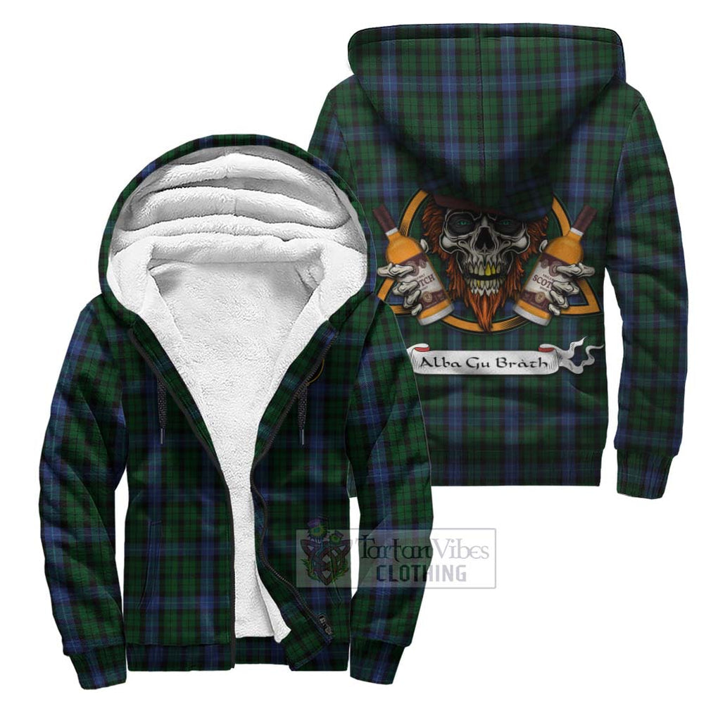 Tartan Vibes Clothing MacIntyre (McIntyre) Tartan Sherpa Hoodie with Family Crest and Bearded Skull Holding Bottles of Whiskey