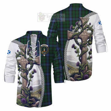 MacIntyre (McIntyre) Tartan Ghillie Kilt Shirt with Family Crest and St. Andrew's Cross Accented by Thistle Vines