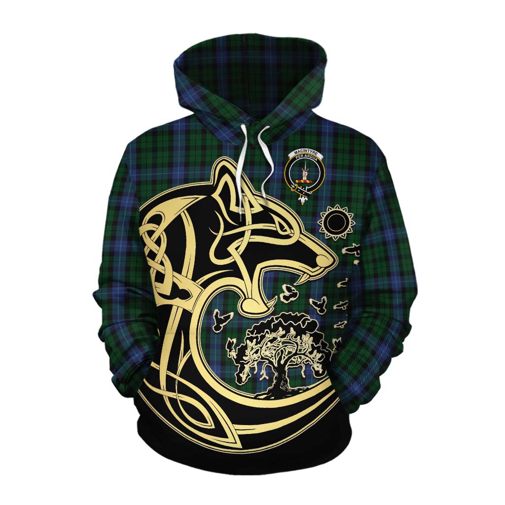 Tartan Vibes Clothing MacIntyre (McIntyre) Tartan Cotton Hoodie with Family Crest Celtic Wolf Style