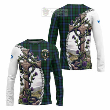 MacIntyre (McIntyre) Tartan Long Sleeve T-Shirt with Family Crest and St. Andrew's Cross Accented by Thistle Vines