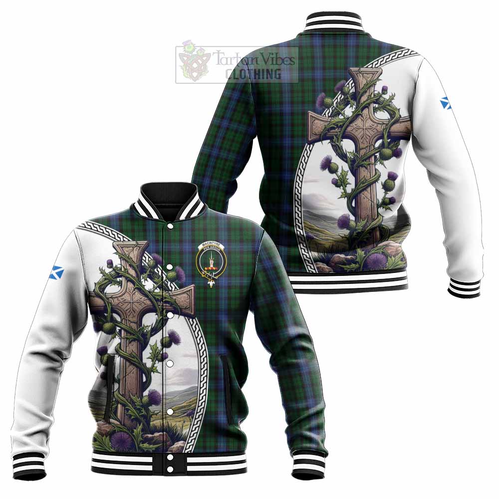 Tartan Vibes Clothing MacIntyre (McIntyre) Tartan Baseball Jacket with Family Crest and St. Andrew's Cross Accented by Thistle Vines