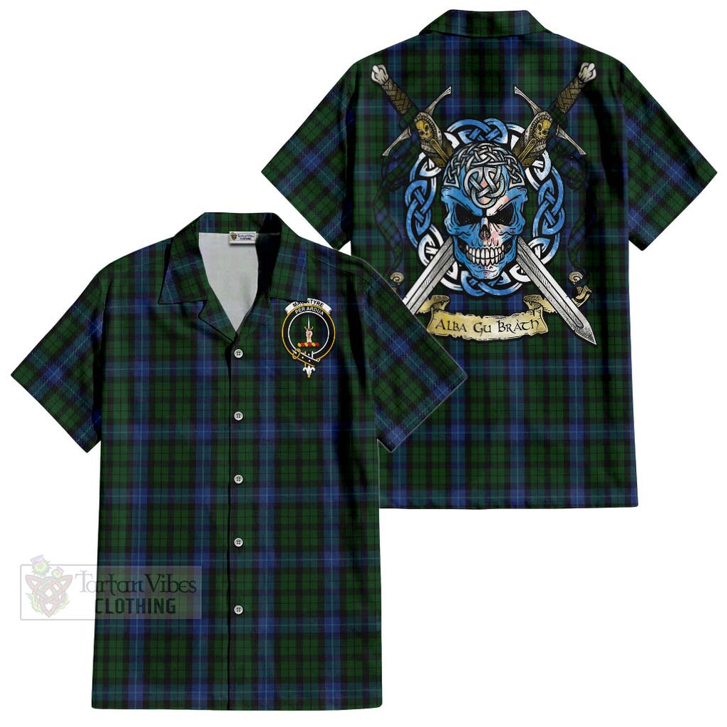 Tartan Vibes Clothing MacIntyre (McIntyre) Tartan Short Sleeve Button Shirt with Family Crest Celtic Skull Style