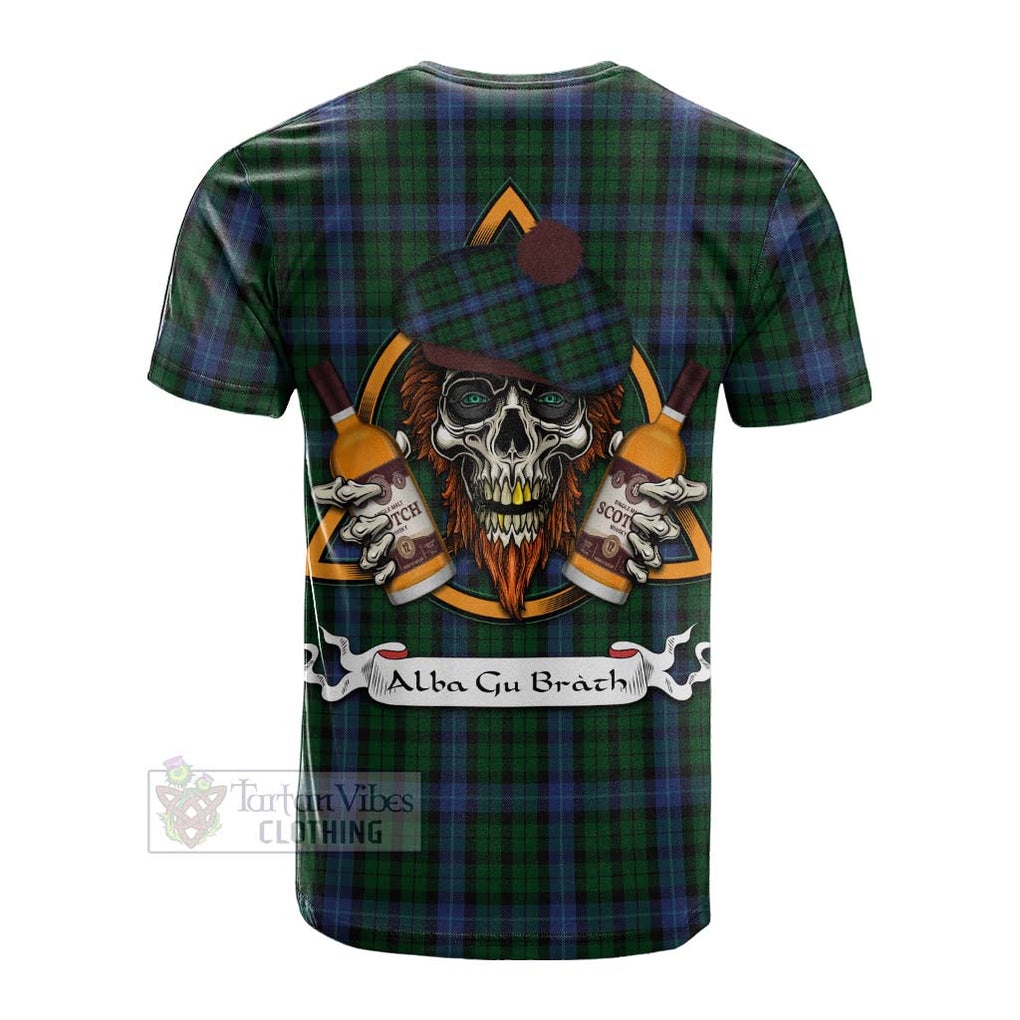 Tartan Vibes Clothing MacIntyre (McIntyre) Tartan Cotton T-shirt with Family Crest and Bearded Skull Holding Bottles of Whiskey