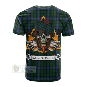 MacIntyre (McIntyre) Tartan Cotton T-shirt with Family Crest and Bearded Skull Holding Bottles of Whiskey