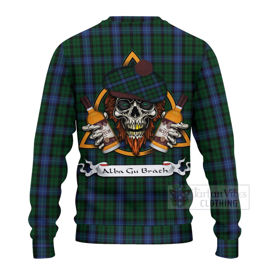 Tartan Vibes Clothing MacIntyre (McIntyre) Tartan Knitted Sweater with Family Crest and Bearded Skull Holding Bottles of Whiskey