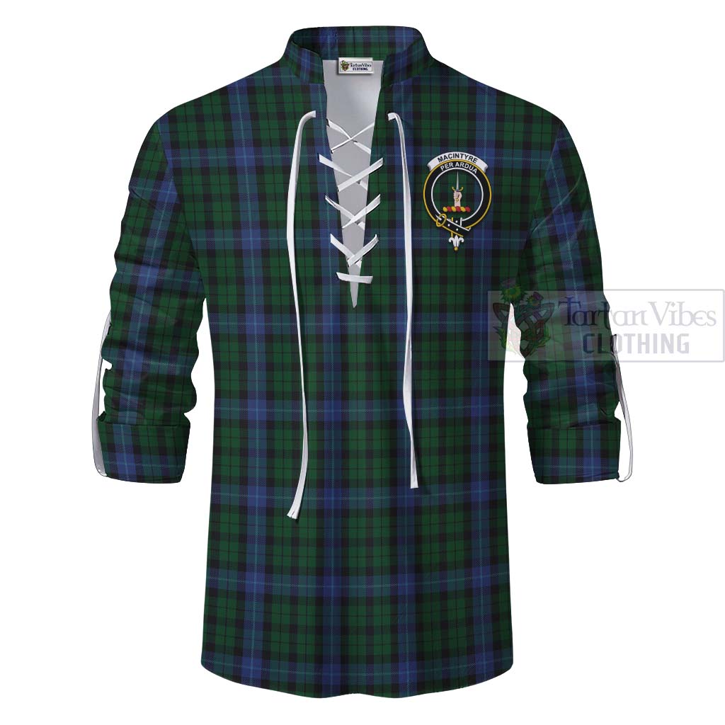 Tartan Vibes Clothing MacIntyre (McIntyre) Tartan Ghillie Kilt Shirt with Family Crest and Bearded Skull Holding Bottles of Whiskey