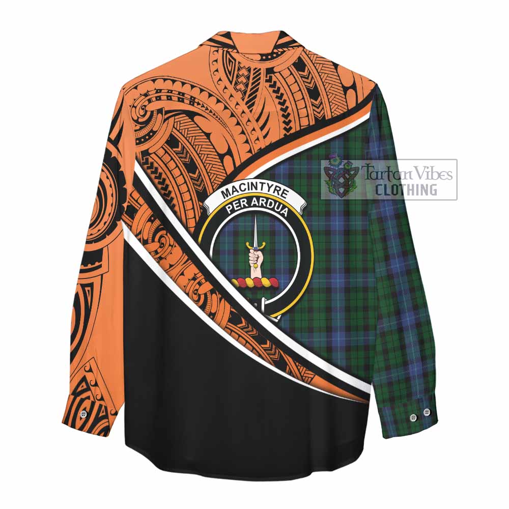 Tartan Vibes Clothing MacIntyre (McIntyre) Crest Tartan Women's Casual Shirt with Maori Tattoo Style - Orange Version