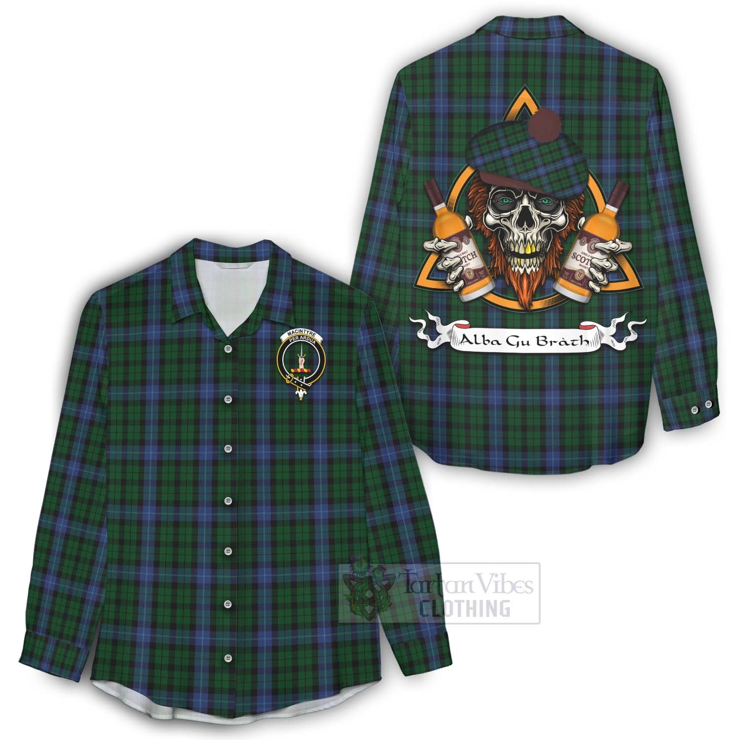 Tartan Vibes Clothing MacIntyre (McIntyre) Tartan Women's Casual Shirt with Family Crest and Bearded Skull Holding Bottles of Whiskey