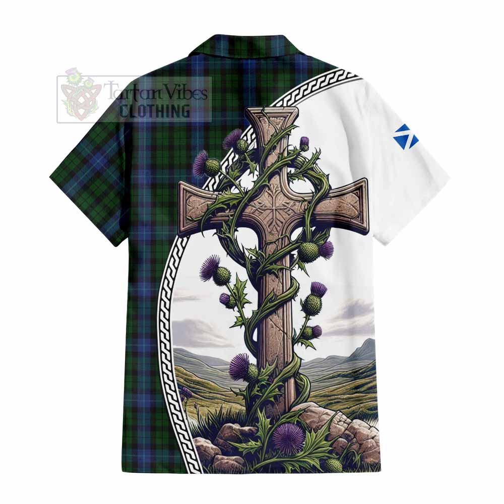 Tartan Vibes Clothing MacIntyre (McIntyre) Tartan Short Sleeve Button Shirt with Family Crest and St. Andrew's Cross Accented by Thistle Vines