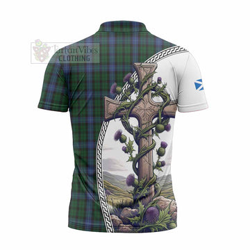 MacIntyre (McIntyre) Tartan Zipper Polo Shirt with Family Crest and St. Andrew's Cross Accented by Thistle Vines