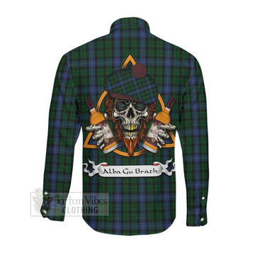 MacIntyre (McIntyre) Tartan Long Sleeve Button Shirt with Family Crest and Bearded Skull Holding Bottles of Whiskey Men's Shirt - Tartan Vibes Clothing