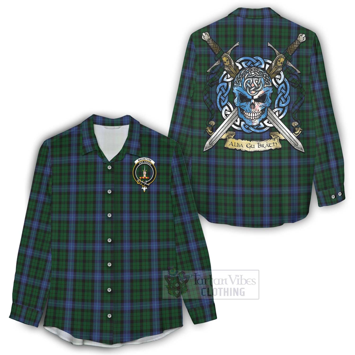 Tartan Vibes Clothing MacIntyre (McIntyre) Tartan Women's Casual Shirt with Family Crest Celtic Skull Style