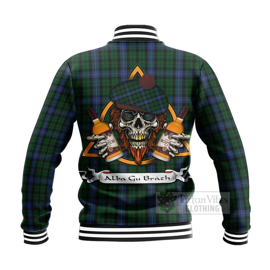 Tartan Vibes Clothing MacIntyre (McIntyre) Tartan Baseball Jacket with Family Crest and Bearded Skull Holding Bottles of Whiskey