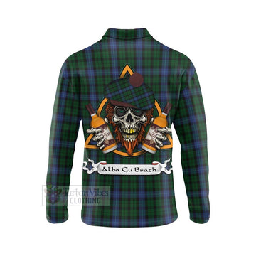 MacIntyre (McIntyre) Tartan Long Sleeve Polo Shirt with Family Crest and Bearded Skull Holding Bottles of Whiskey