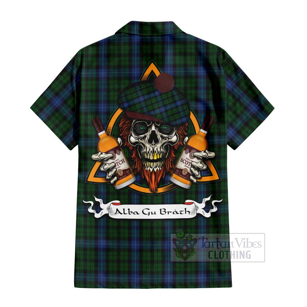 Tartan Vibes Clothing MacIntyre (McIntyre) Tartan Short Sleeve Button Shirt with Family Crest and Bearded Skull Holding Bottles of Whiskey